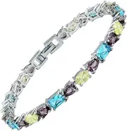 [RIZILIA] Emerald&Oval&Pear Cut White Cubic Zirconia CZ 18K White Gold Plated Tennis Bracelet, 7"
