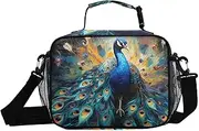 Peacock Blue Feather Insulated Lunch Box for Women Men - Ideal for Work, Picnics - Includes Adjustable Shoulder Strap