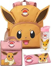 [Pokémon] Pokemon Eevee 4 Piece Backpack Set | Animated Character 3D Ears Pink Rucksack Lunch Bag Pencil Case Water Bottle | Game Back to School Bag Gifts