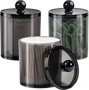 3 Pack Qtip Dispenser Apothecary Jars Bathroom with Labels- Black Plastic Qtip Holder Storage Set for Cotton Ball,Cotton Swab,Cotton Rounds,Floss Picks, Hair Clips，Hair Ties