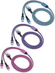 3Pack-4FT & Android USB to Lightning & USB-C 2-in-1 Fast Charger Cable for iPhone 16 15 14 Pro Max Plus 13 12, Samsung Galaxy A14 A15 A23, Google Pixel 9 Pro XL, Multi USBC Lighting USB Cord
