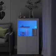 White Side Cabinet with RGB LED Lights, 60.5 x 37 x 100 cm, Engineered Wood Storage Cabinet with Glass Shelf and Concealed Doors, Modern Organizer for Home, Office, or Hallway