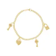 9kt Yellow Gold Silver Infused Lock and Key Charm Bracelet