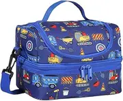 KASQO Lunch Box Bag for Kids, Insulated Lunch Bag Two Compartments Toddler Cooler Bag Lunch Tote Bag with Detachable Shoulders Strap for School Picnic， Blue Car
