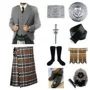 Scottish Men's Grey Argyle Kilt Jacket Outfit Traditional 5 Yard 11 Pcs Kilt Set
