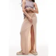 Topshop Women's Tan Front Twist Maxi Skirt Pull On Front Slit 4 NWT