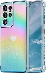 [ZTOFERA] for Samsung Galaxy S21 Ultra Case 6.8 inch,Cute Colorful Iridescent Plating Edge Case with Love Hearts Pattern,Camera Lens Protection Shockproof Phone Case for Women Girls,Iridescent Blue