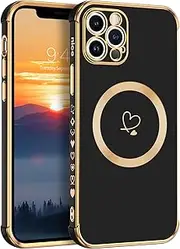 GUAGUA for iPhone 12 Pro Case Magnetic, Cute Heart Pattern Lovely, Soft TPU Gold Plating Cover Women Girl Drop Protection & 4 Corners Shockproof, Compatiable with Magsafe, Stylish Phone Case,Black