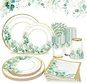 Sage Green Paper Plates Cups and Napkins Set - Serve 24 Disposable Baby Shower Plates and Napkins Green Party Tableware for Boho Wedding, Jungle Theme Birthday, Baby Shower Party Decoration