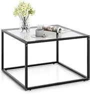 Giantex Glass Coffee Table, 70cm Modern Square Coffee Table with Metal Frame, Minimalist Center Table Cocktail Table for Living Room, Home, Office, Small Space (No Mesh Shelf, Gray & Black)