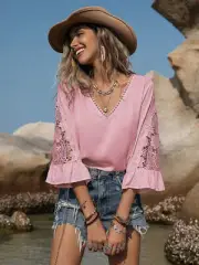 V-Neck Lace Flounce Sleeve Blouse for Elegant Style