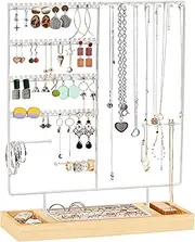 ProCase Jewelry Organizer Stand Earring Holder, 144 Holes Stud Earring Display Rack Necklace Holder Storage Tower with Removable Wooden Ring Tray for Earrings Necklaces Bracelets Rings Watches -White