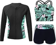 [Fldy] Tankini Swimsuit for Kids Girls Long Sleeve Rash Shirts with Bottoms Shorts Water Sport Sunsuit