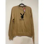 NWT PLAYBOY Ace of Spades Long Sleeve Crewneck Sweatshirt Tan Brown Men's Size S