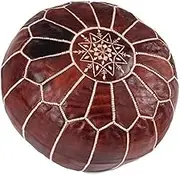 LEATHEROOZE Moroccan Pouf Goatskin Leather Bohemian Living Room Decor - Hassock & Ottoman Footstool Round & Large Ottoman Pouf Unstuffed With Beautiful Set Of 2 Cushion/ Pillow Cover -16X20X20 INCHES Brown