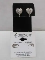 CHARLESTONE Pave Set Austrian Crystal HEART Titanium Post Clip Earrings NOS
