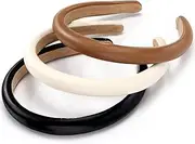 3 Pcs Padded Headbands for Women, Solid Color Leather Headbands, Fashion Headwear, Girls Women Hair Accessories (Black + white + brown)