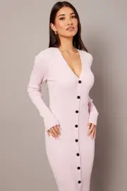 Pink Knit Dress Long Sleeve Button Front - Size 14, Women's Knit Dress