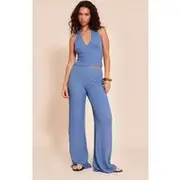 Blue Textured Drawstring Straight Leg Pant, Blue