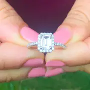 14K SOLID WHITE GOLD EMERALD CUT MOISSANITE ENGAGEMENT RING HALO PRONG 1.50CTW