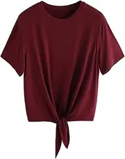 [ROMWE] Women's Short Sleeve Tie Front Knot Casual Loose Fit Tee T-Shirt
