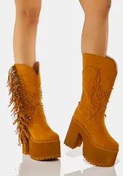 [Y.R.U.] Tan Bad Bitch Fringe Cowboy Boots