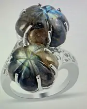 17.50 ctw Malagasy Labradorite Bypass Ring size 8 Platinum Over Sterling Silver