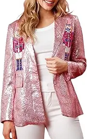 [SOLILOQUY] Women's Glitter Jacket Christmas Sequined Nutcracker Shiny Blazer Holiday Sparkly Coat Rave Outfits