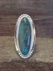 Large Navajo Indian Sterling Silver Turquoise Ring by Leslie Nez - Size 10.5