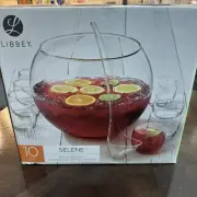 Libbey Glass Punch Bowl Set 10 Piece Serving With Glasses & Plastic Ladle