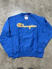 NWT Champion Reverse Weave Sweatshirt Spellout Yellow Blue Long Sleeve Mens