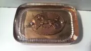 VINTAGE SQUARE GLASS PAPERWEIGHT - COPPER HORSE BUGGY & RIDER - 4 1/4" X 2 7/8"
