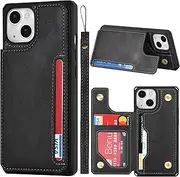 FROLAN for iPhone 14 Plus Wallet Case with Card Holder Men, Premium PU Leather Wrist Strap Kickstand Drop Protection Shockproof Phone Cover 6.7 Inch - Black