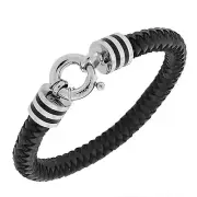 Stainless Steel Black Leather Silver-Tone Wristband Mens Bracelet with Clasp