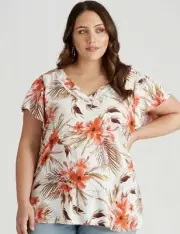 beme Top Plus Size 20 Shirt Tunic Short Sleeve Viscose Tropical Floral V Neck
