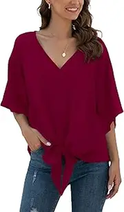 [Anelune] Women's Chiffon Blouses with V-Neck and Tie Front Batwing Sleeves Short Sleeve Summer Tops and Shirts, Wine red, S