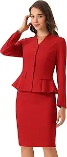 [Allegra K] Business 2 Piece Suit Set for Women's Long Sleeve Collarless Peplum Blazer Pencil Skirts