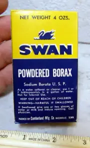 Vintage 1950s Full new & unopened box SWAN Powdered Borax, 4 oz box, great color