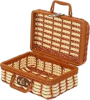 JOINPAYA Woven Rattan Picnic Basket Vintage Handbag with Handle for Camping Spacious Storage Suitcase for Essentials Durable Lightweight Carrying Case Retro Design