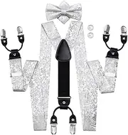 [keusyoi] Mens Silk Braces Bowtie Hanky Cufflinks Set Adjustable Suspender Bow Tie Black Suspenders