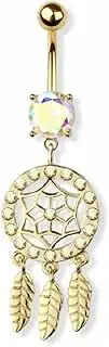 [Pierced Owl] 14GA 316L Stainless Steel Aurora Borealis CZ Crystal Dreamcatcher Dangling Belly Button Ring
