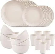 Wheat Straw Dinnerware Sets for 8,Microwave Dishwasher Safe,Unbreakable Dinnerware,Reusable Tableware Set,Beige Set 16pcs Plates, 8pcs Bowls, 8pcs Cups.