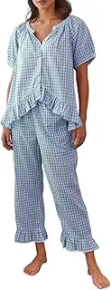 [Argeousgor] Women Plaid 2 Piece Pajama Set Button Down Puff Sleeve Babydoll Shirt Gingham Pants Pj Lounge Set Sleepwear