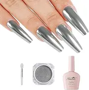Imtiti Silver Chrome Nail Powder Kit,1g Silver Meatllic Mirror Effect Powder with 10ml White Color Gel Polish Metal Nail UV DIY Kit