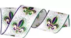 Mardi Gras Fluer de Lis 2.5" by 5 yd Wire Ribbon Purple Green Gold Glitter Spray