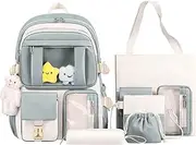 [HORHEAR] HORHREAR Kawaii Backpack 5Pcs Set for School, Cute Clear Backpack Preppy with Aesthetics Pendant for Girls Boys Primary Bag (Set-Light Green)