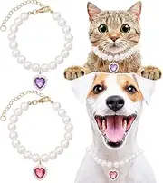 Cat Dog Pearl Necklace Collar 2pcs, Small Cat Collar Dog Necklaces Cute Fancy Jewelry Accessories with Heart Shape Rhinestone Wedding Birthday Party for Puppy Pets Small Dogs Collar (Purple Red, S)