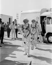 B&W 8x10 photo of Neil Armstrong and David Scott walking to the launchpad.
