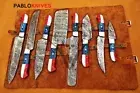 Set Of 8 Custom Handmade Damascus Steel Chef Knife American Flag Style Handle