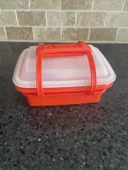 Vtg Tupperware #1254 Pack N Carry Orange Lunch Box Handle & 4 Containers